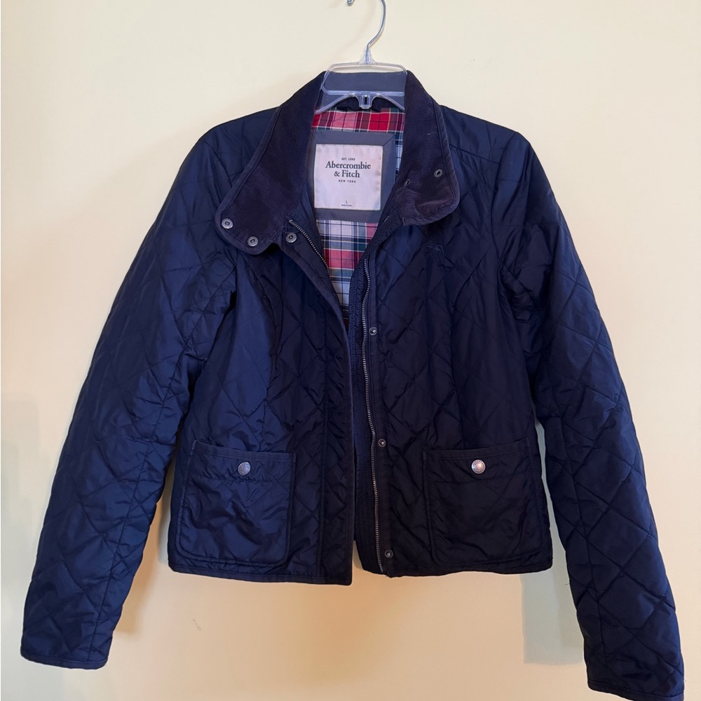 Abercrombie & Fitch Navy quilted Jacket with Red Tartan Lining L